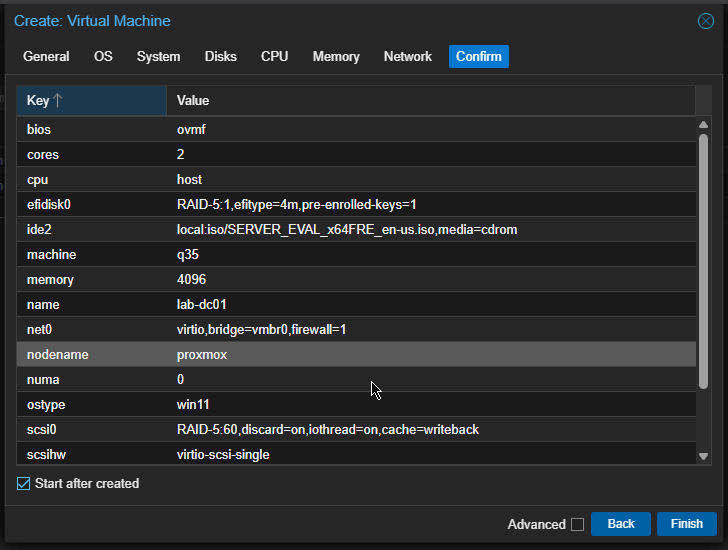 VM creation summary screen in Proxmox
