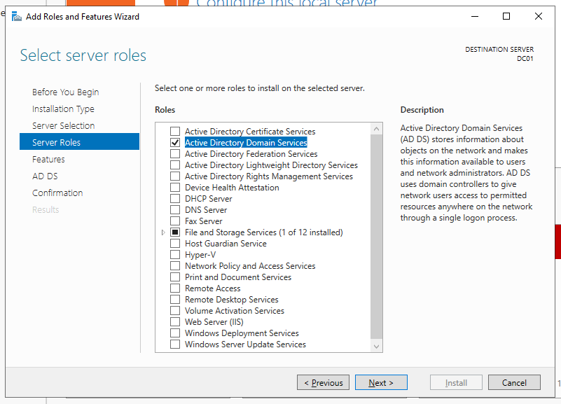 Adding the Active Directory Domain Services role in Server Manager