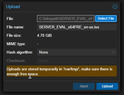 Uploading Windows Server ISO in the Proxmox web UI
