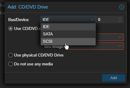 Adding a second CD drive with VirtIO drivers in Proxmox hardware tab